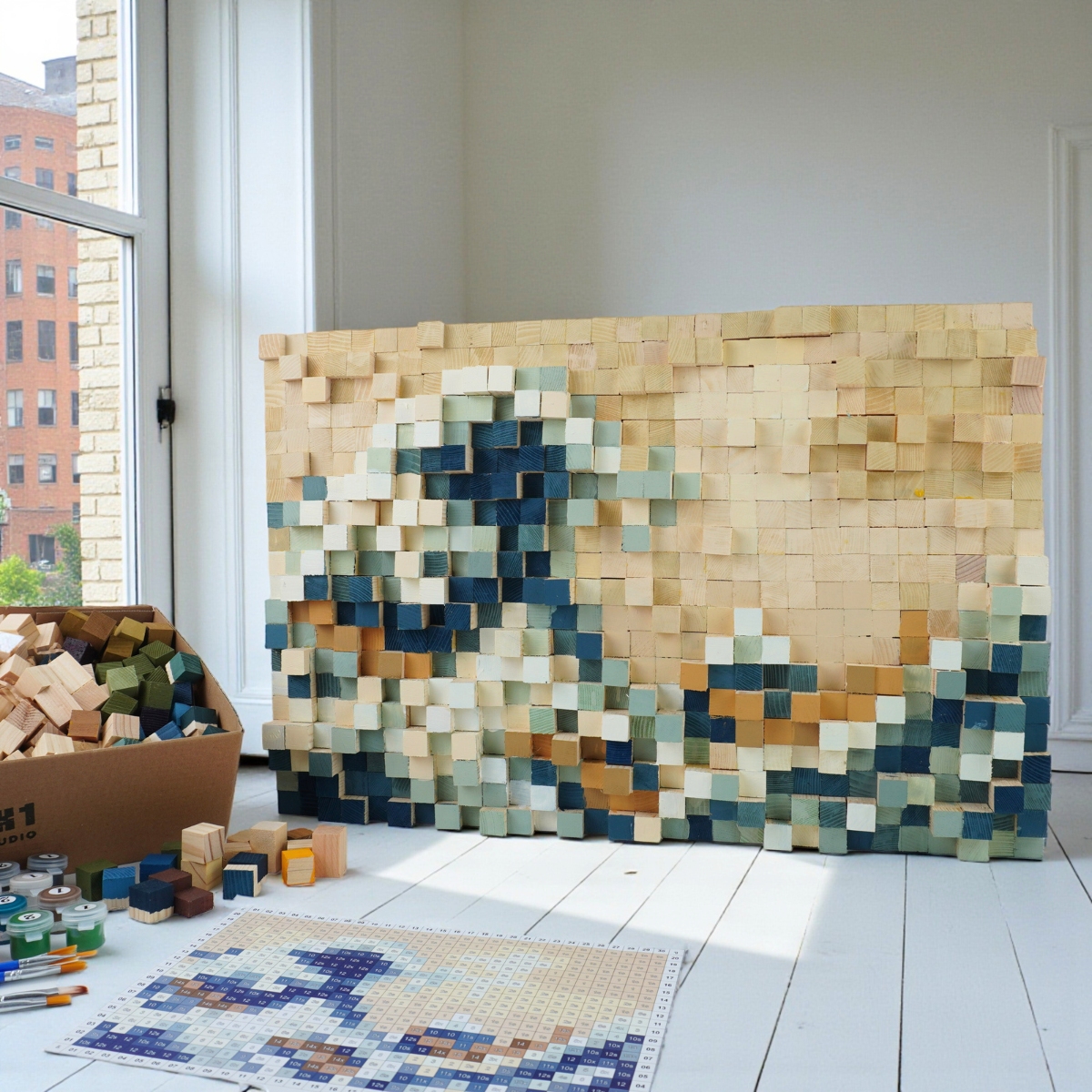 Kit Tự Làm Tranh Khảm Gỗ Mosaic The Great Wave Off Kanagawa (Sóng Lừng Ngoài Khơi) - Phong Cách Pixel Art