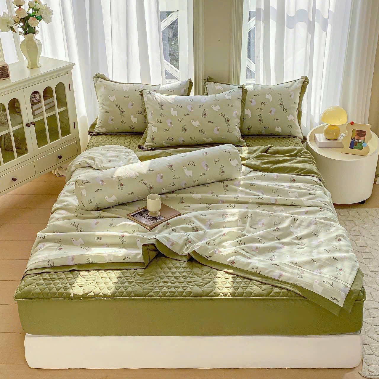 Bộ chăn, ga trần, vỏ gối 5 món vải cotton đũi nhập khẩu Hàn Quốc đủ size