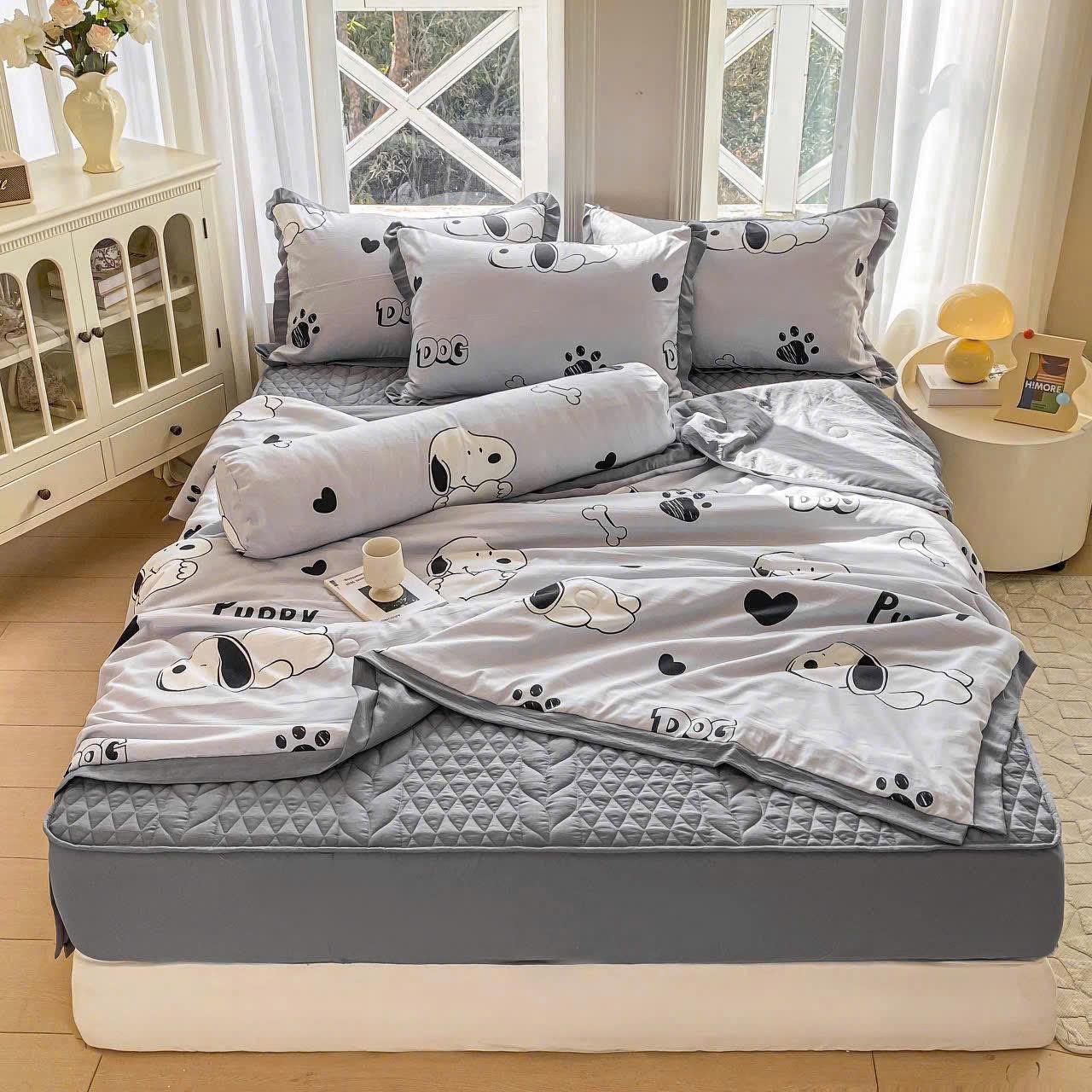 Bộ chăn, ga trần, vỏ gối 5 món vải cotton đũi nhập khẩu Hàn Quốc đủ size