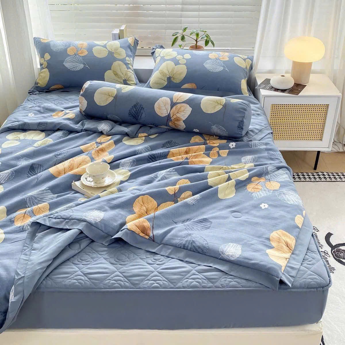 Bộ chăn, ga trần, vỏ gối 5 món vải cotton đũi nhập khẩu Hàn Quốc đủ size