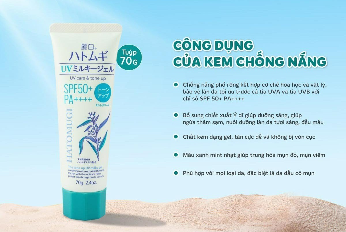 Kem Chống Nắng Hatomugi UV Care & Tone Up UV Milky Gel SPF50+ Xanh Bạc Hà 70g