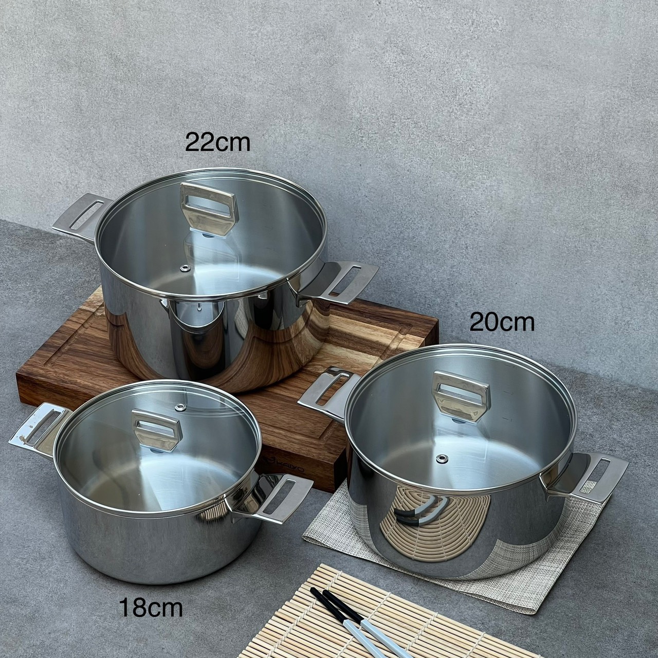 Nồi inox 18/10 trơn 3 lớp đáy liền Kaiyo - size 18, 20, 22cm