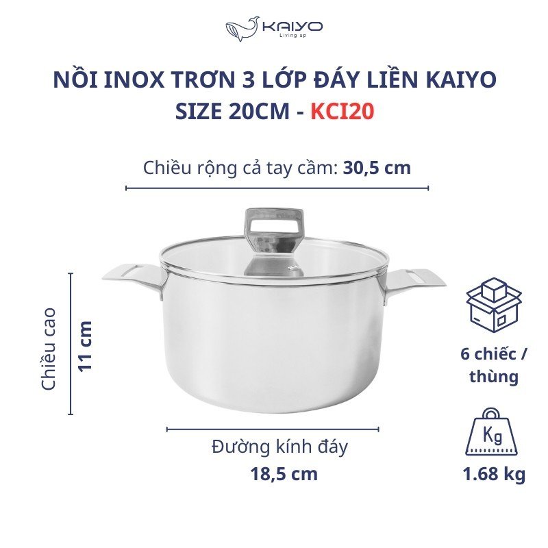 Nồi inox 18/10 trơn 3 lớp đáy liền Kaiyo - size 18, 20, 22cm