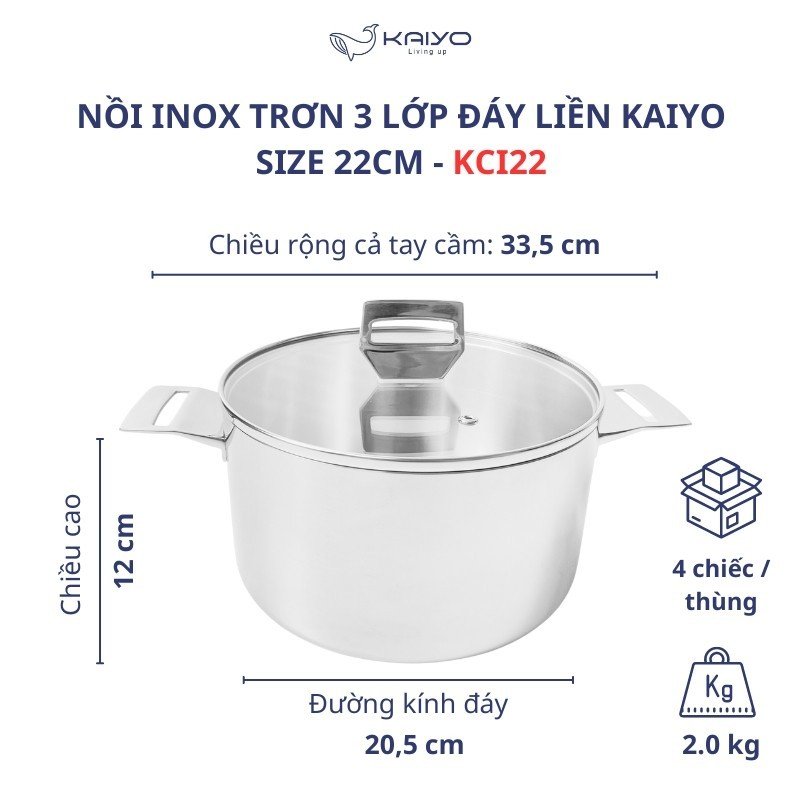 Nồi inox 18/10 trơn 3 lớp đáy liền Kaiyo - size 18, 20, 22cm