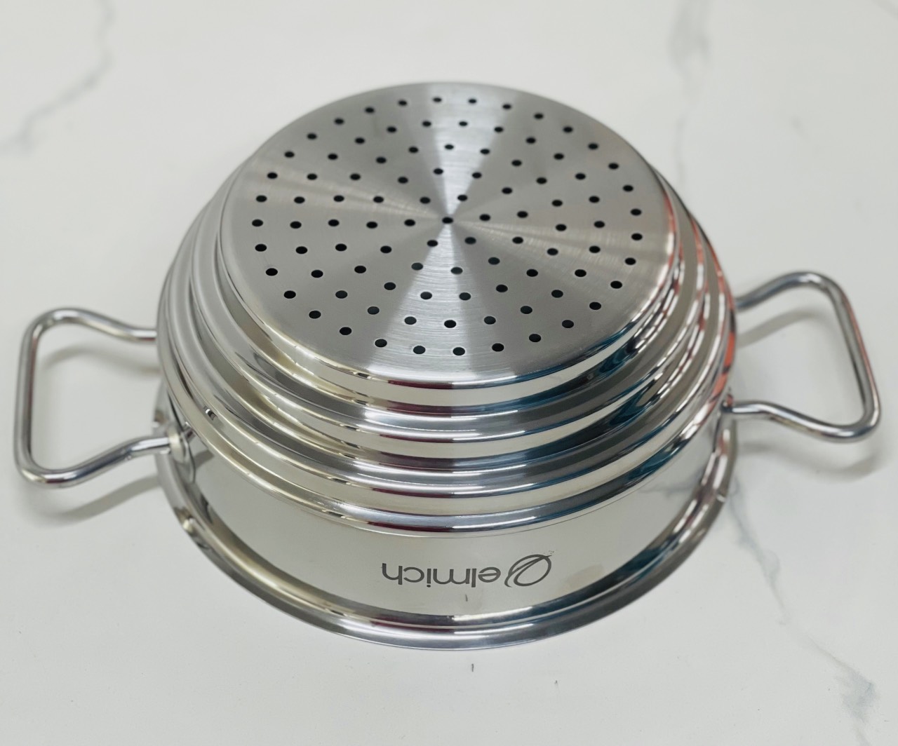 Xửng hấp 3 nấc inox 304 kèm vung Elmich size 20cm Dùng được cho nồi 16-18-20cm