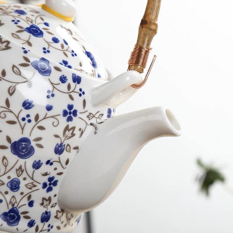 Sét ấm pha trà kèm khay trúc hoạ tiết hoa nhí