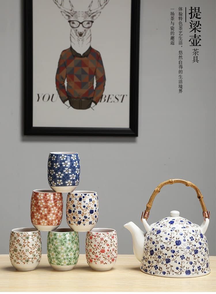 Sét ấm pha trà kèm khay trúc hoạ tiết hoa nhí