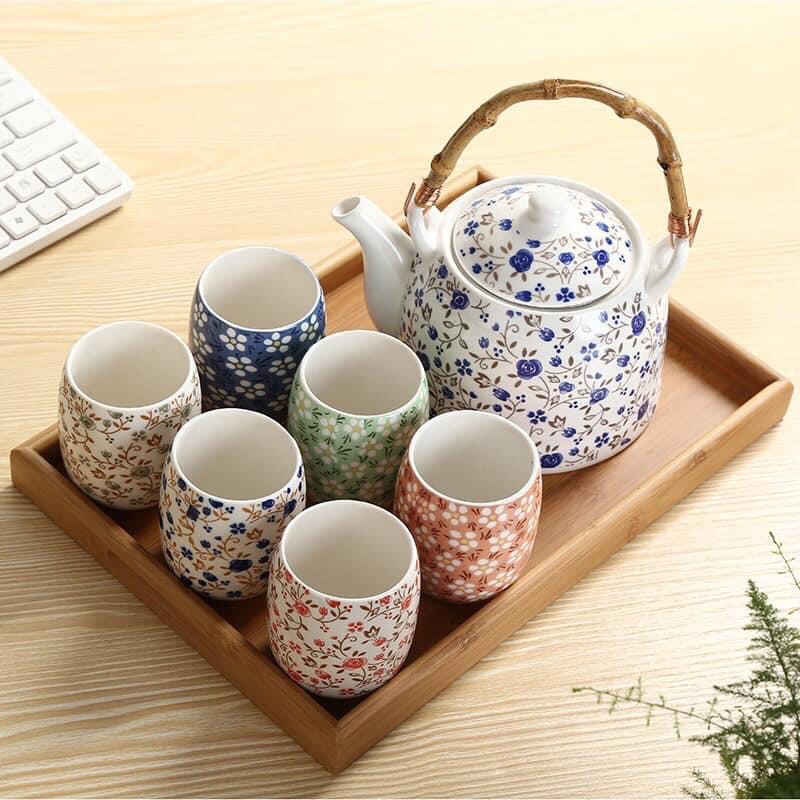 Sét ấm pha trà kèm khay trúc hoạ tiết hoa nhí
