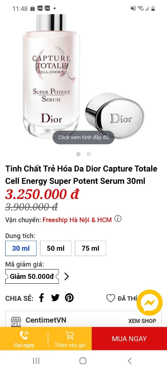 Huyết thanh chống lão hóa Dior Capture totale Cell Energy Super Potent Serum 10ml  Pháp