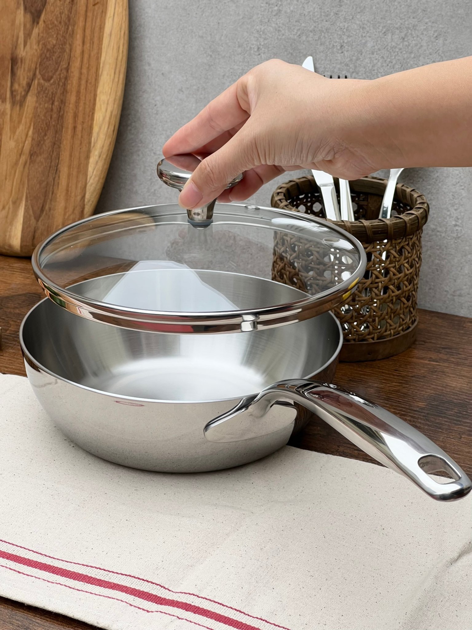 Chảo inox đúc nguyên khối sâu lòng Kaiyo Nhật Bản size 16-18-20-24-26