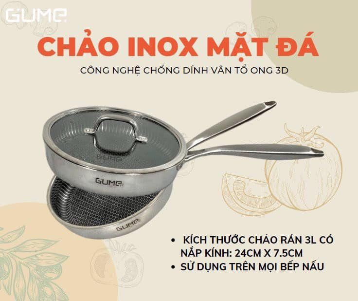 Chảo Gume Hàn Quốc có nắp inox 304 phủ lớp chống dính vật lý 3D cao cấp