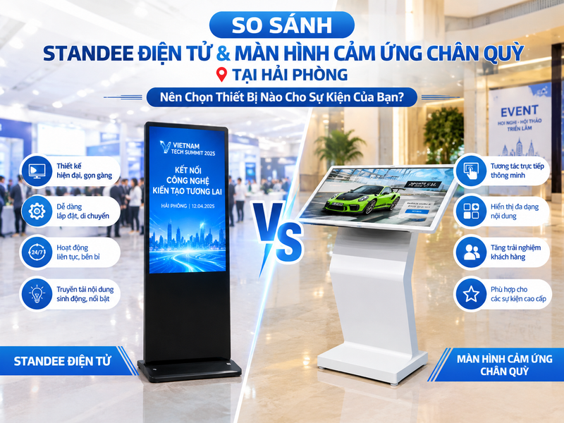 So Sánh Standee Điện Tử & Màn Hình Cảm Ứng Chân Quỳ Tại Hải Phòng: Nên Chọn Thiết Bị Nào Cho Sự Kiện Của Bạn?