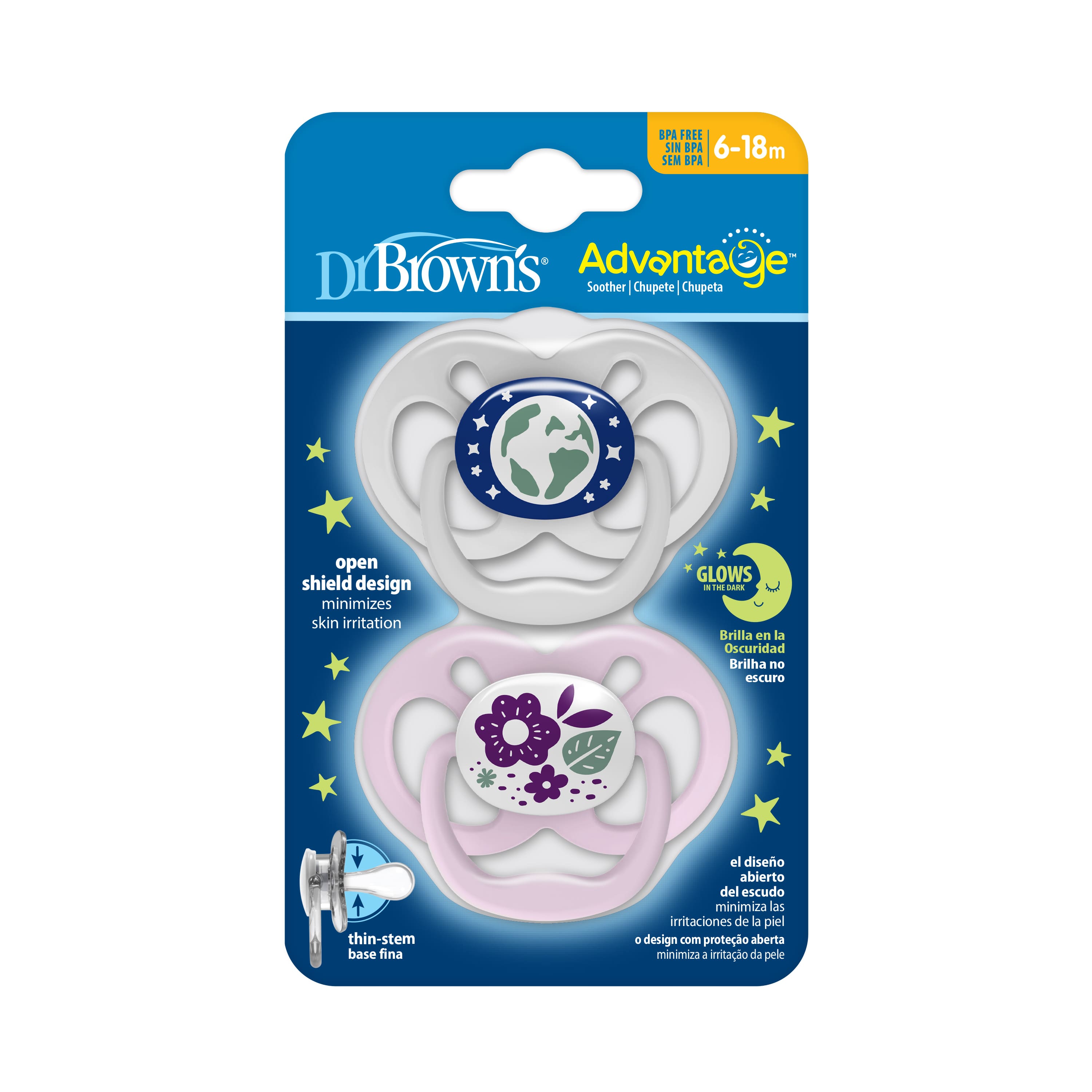 Bộ 2 ty ngậm dạ quang Dr.Browns siêu mềm đầu tròn dành cho bé từ 0-6M, 6-18M