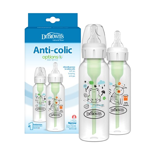 Bộ bình sữa 2 chiếc, cổ thường, bằng nhựa, dung tích 250ml, loại tùy chọn, hoạ tiết con lợn và con ếch. Mã hàng SB82040. Nhãn hiệu Dr Brown's.