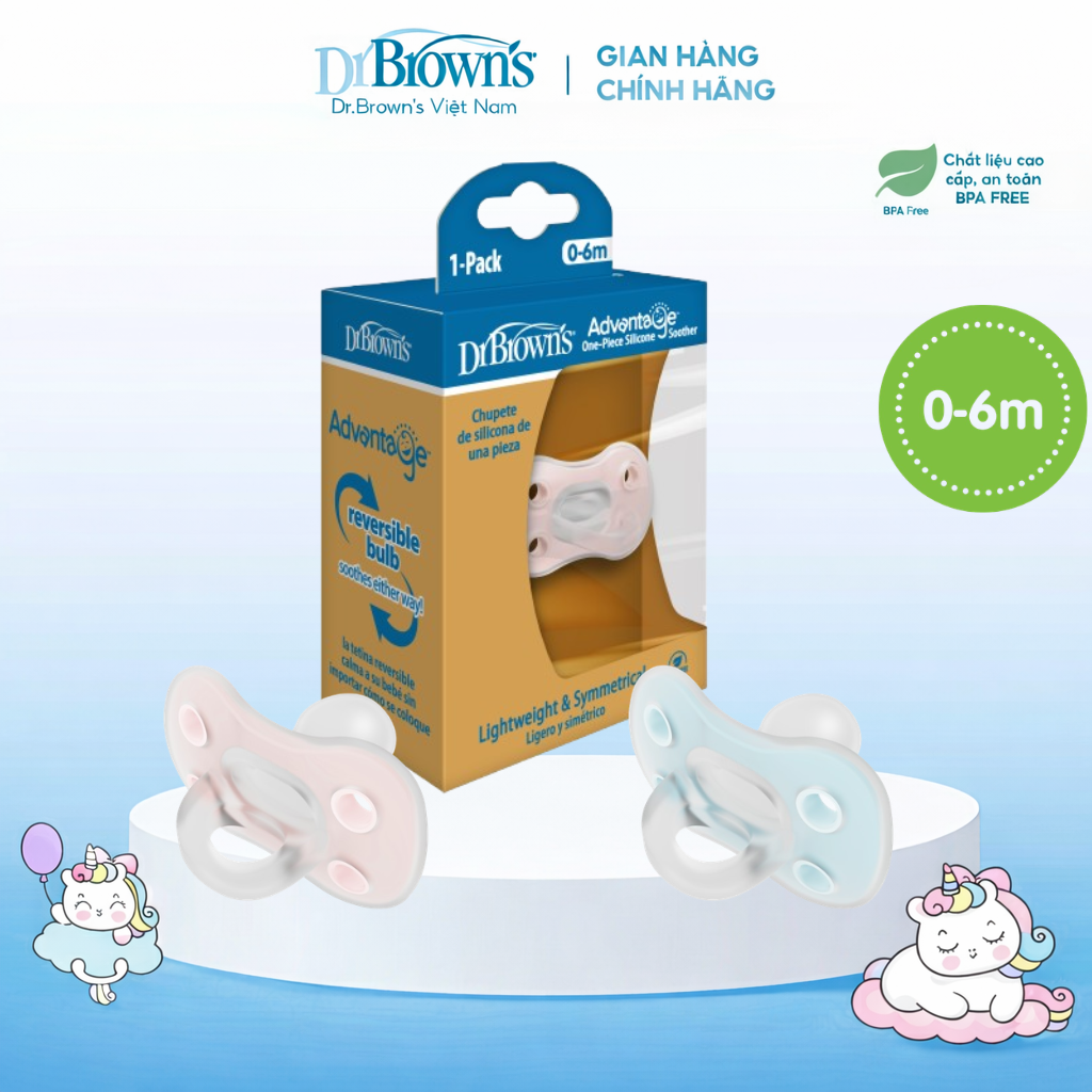 Hộp 1 chiếc ty ngậm bằng silicone dành cho bé từ 0-6 tháng tuổi, mầu xanh. Mã hàng PA11005- INTLX. Nhãn hiệu Dr Brown's.