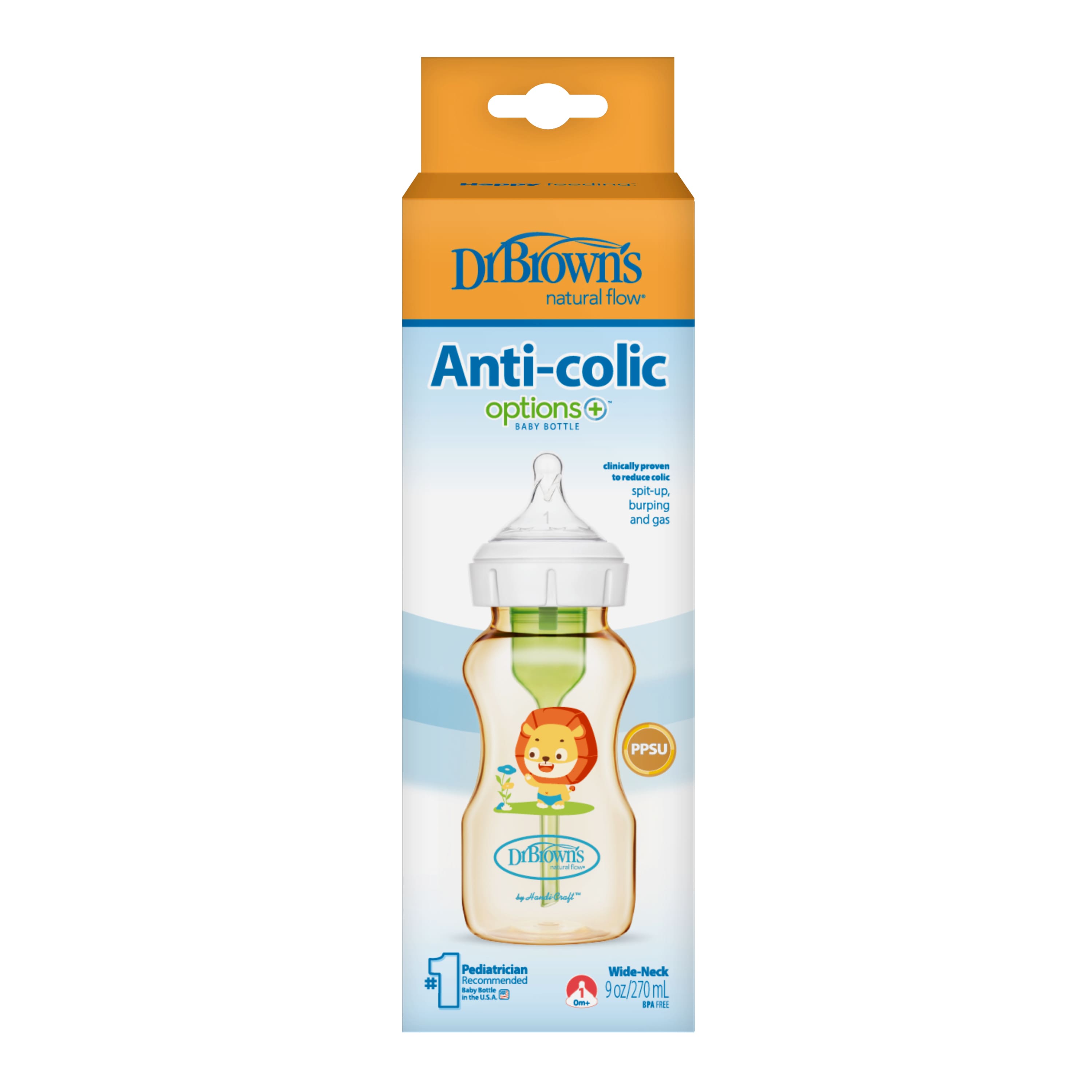 Bình sữa Dr Brown's "Option Plus" cổ rộng 270ml PPSU hoạ tiết con sư tử- Mã hàng WB91018-CH