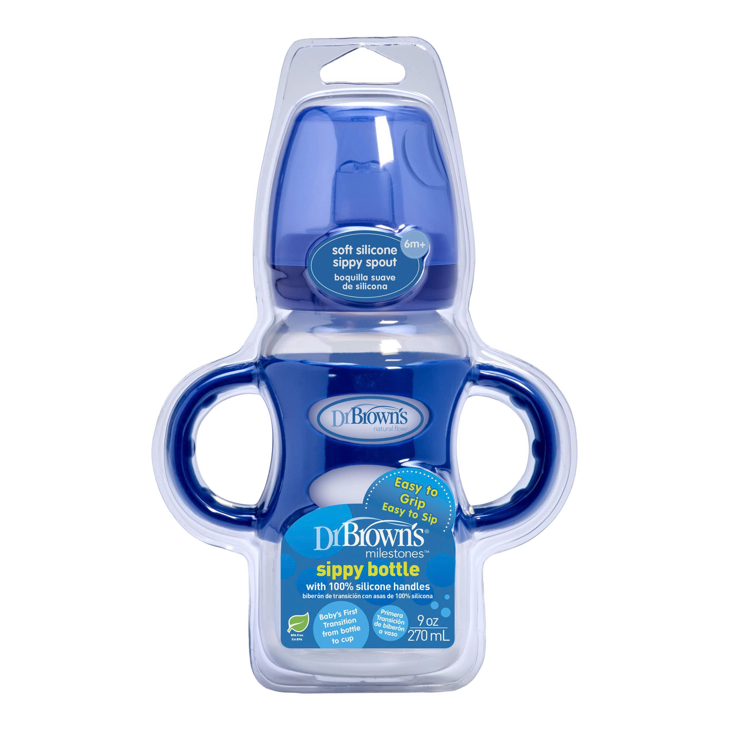 Bình sữa tay cầm cổ rộng hai giai đoạn Dr Brown's "Option Plus" Sippy 270ml PP - Xanh dương. Mã hàng 91003