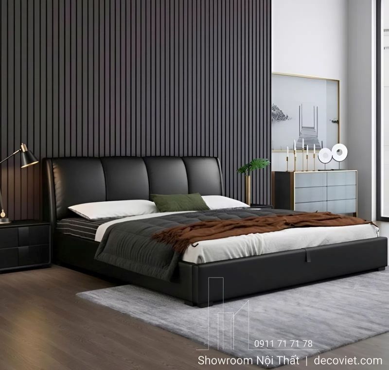 Giường ngủ với gam màu đen sang trọng, huyền bí được bọc da cao cấp