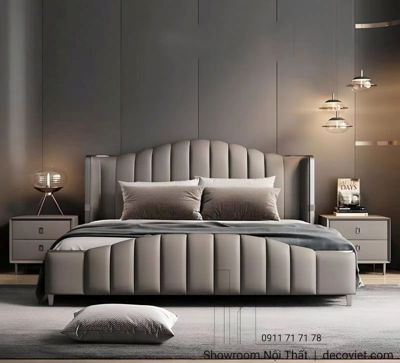 Thiết kế khung giường sang trọng được bọc da đem ái phù hợp cho các phong cách phòng ngủ 