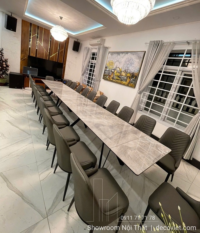 bàn ăn 22 ghế mặt đá kéo dài thông minh, linh hoạt