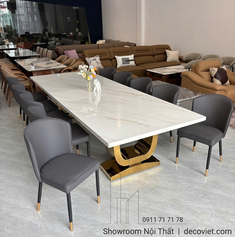bàn ăn 10 ghế mặt đá cao cấp, chân cách điệu