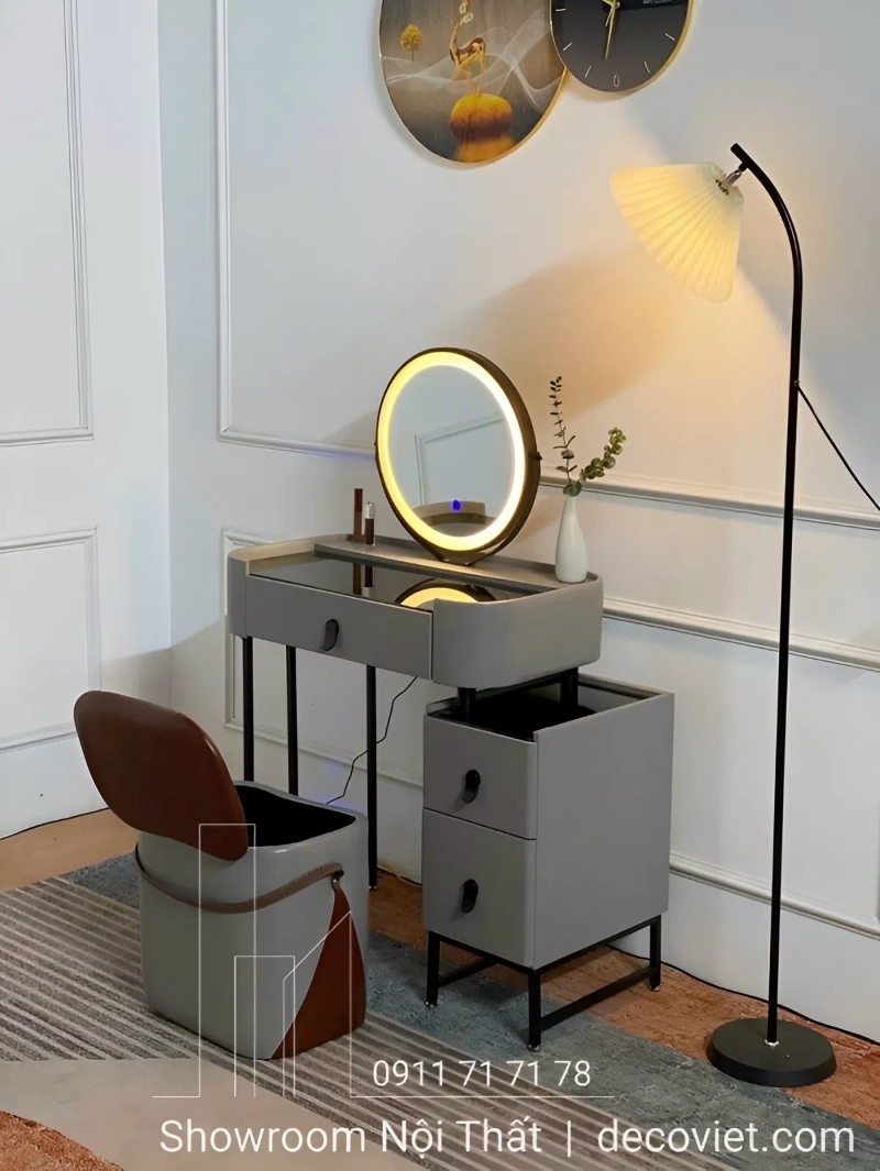 bàn trang điểm gam màu xám đi kèm với tủ nhỏ tiện lợi