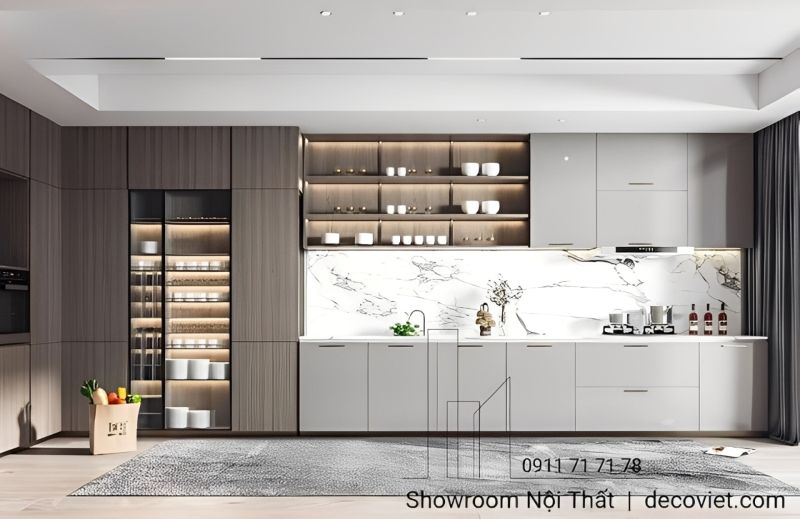Tủ bếp cao cấp với phong cách tinh tế, hiện đại với nhiều ngăn trữ đồ tiện lợi 