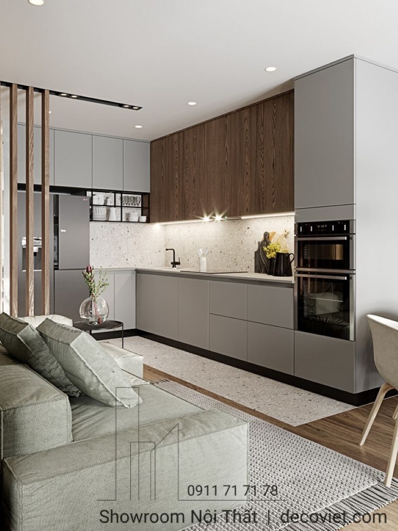 Tủ bếp được làm từ khung và thùng gỗ MDF chống ẩm phủ malemine chống trầy tinh tế 