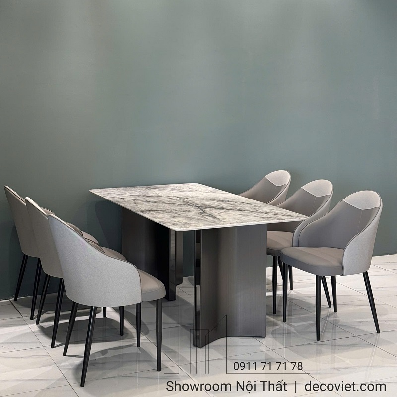 Bàn ăn mặt đá vân tự nhiên 6 ghế bọc da sang trọng
