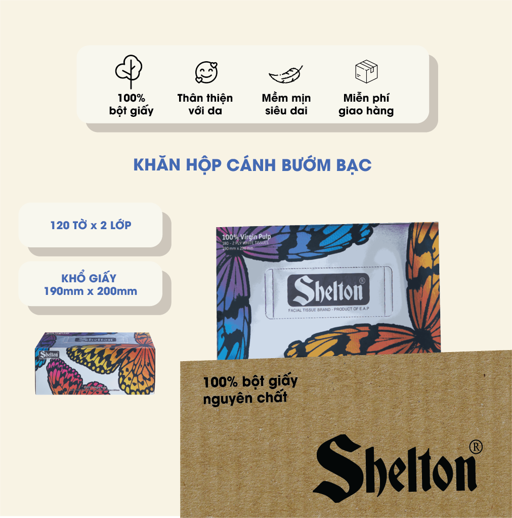 Khăn hộp Shelton Cánh bướm bạc 180 tờ x 2 lớp