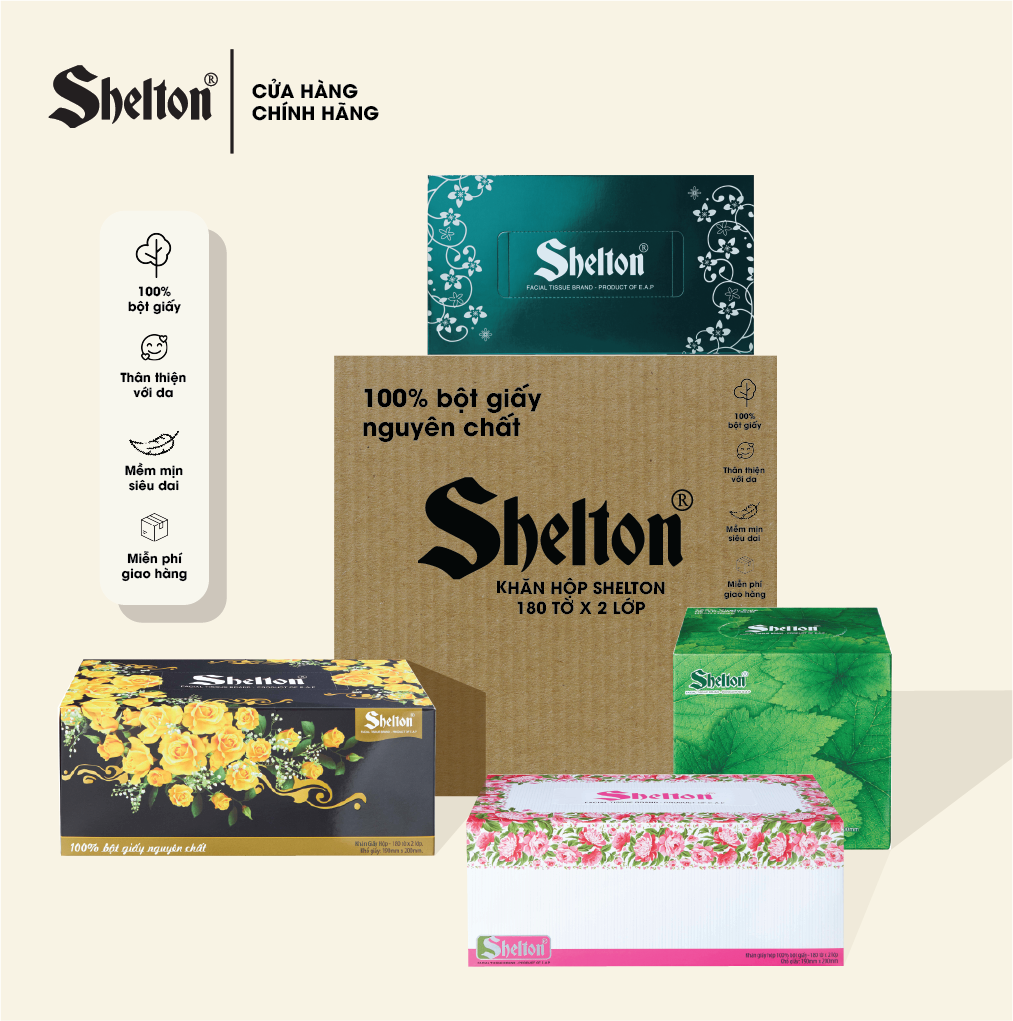 Khăn hộp Shelton Hoa nhí xanh 180 tờ x 2 lớp