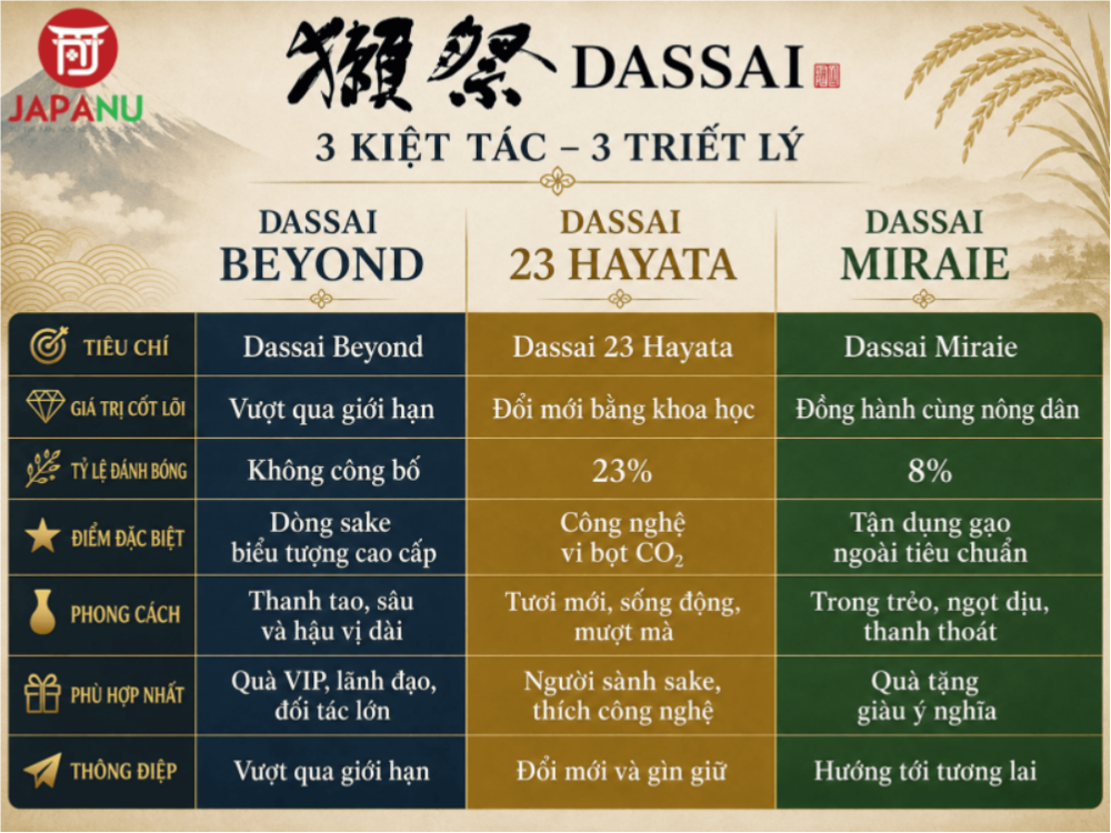 So sánh Dassai Beyond, Dassai 23 Hayata và Dassai Miraie