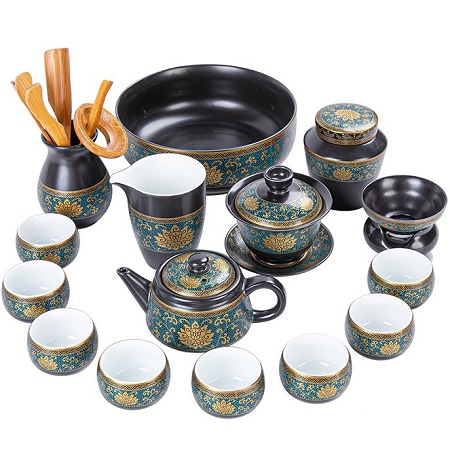 Bộ ấm trà đẹp gốm sứ cao cấp phỏng cổ lòng trắng nhiều món