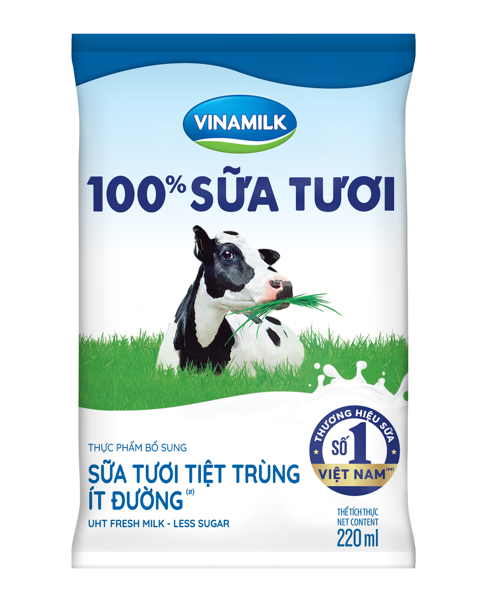 Sữa tươi tiệt trùng ít đường Vinamilk 100% Sữa tươi - thùng 48 bịch x 220ml