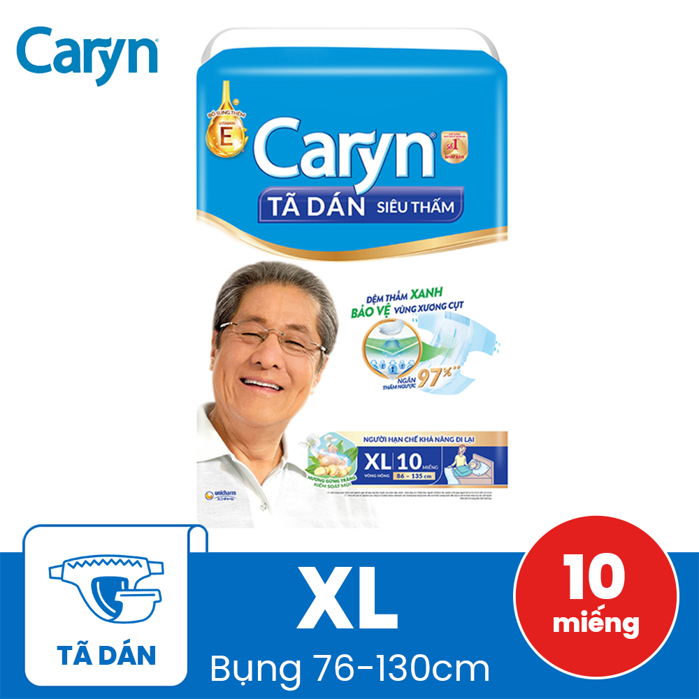 Tã dán giấy Caryn Siêu Thấm size XL 10 miếng (hông 76 -130 cm)
