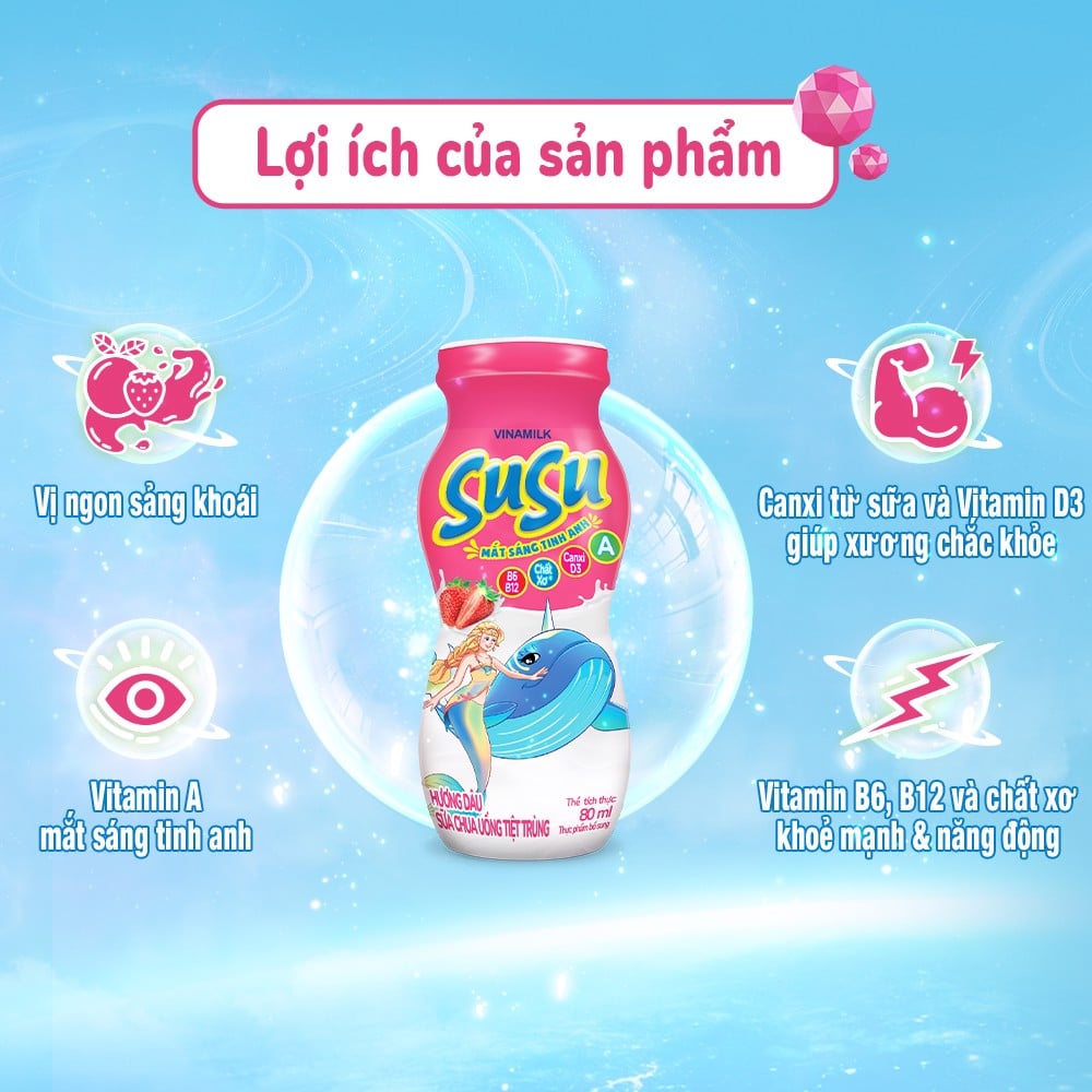 Sữa Chua uống Vinamilk Susu hương dâu - Lốc 6 Chai x 80ml