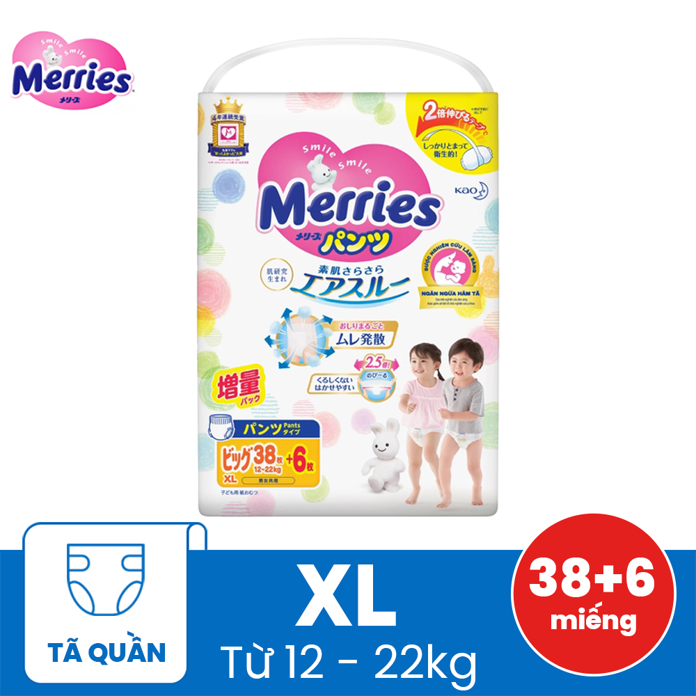 Bỉm-Tã quần Merries size XL 38+6 miếng (12-22kg)