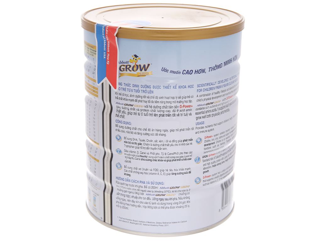 Sữa Abbott Grow Gold 6+ 900g hương Vani (trên 6 tuổi)