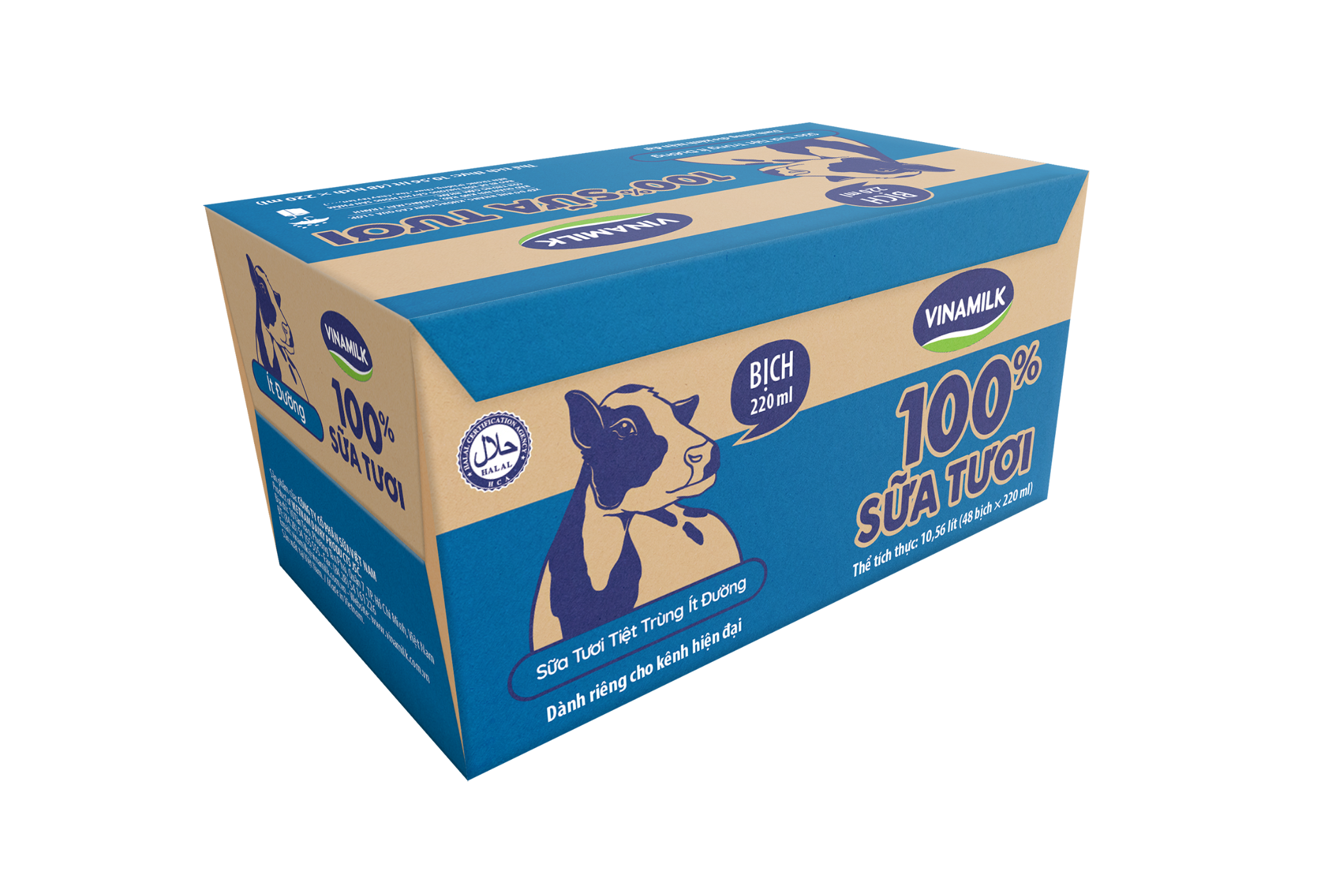 Sữa tươi tiệt trùng ít đường Vinamilk 100% Sữa tươi - thùng 48 bịch x 220ml