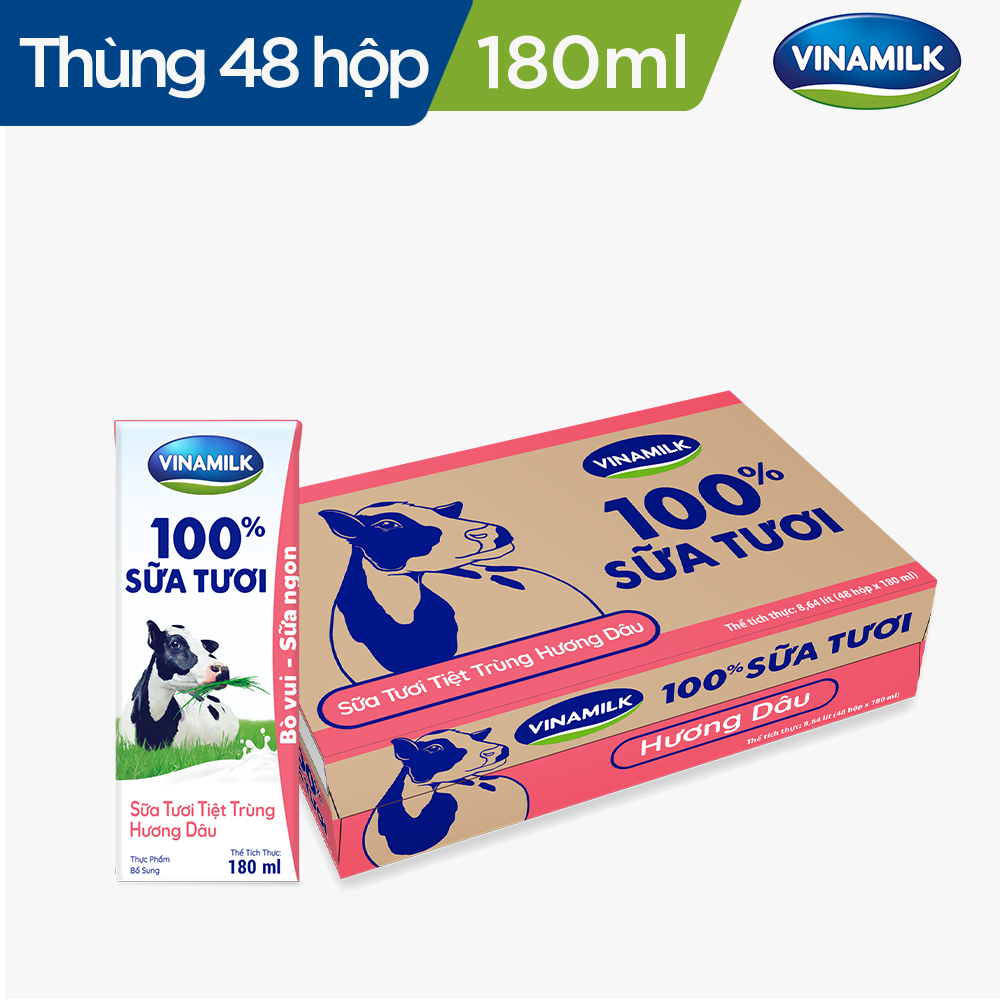 Sữa tươi tiệt trùng Vinamilk 100% hương dâu - Lốc 4 hộp 180ml