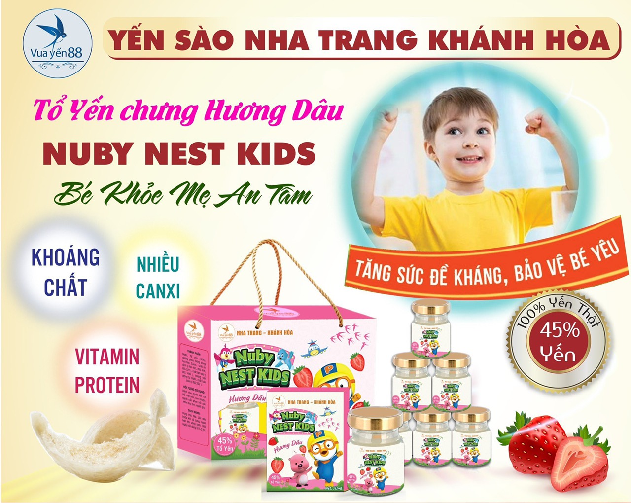 Yến sào NHA TRANG KHÁNH HÒA NUBY NESTKIDS hương dâu là sản phẩm bổ sung dinh dưỡng dành riêng cho trẻ từ 1 - 16 tuổi đến từ thương hiệu VUAYEN88.Vn.