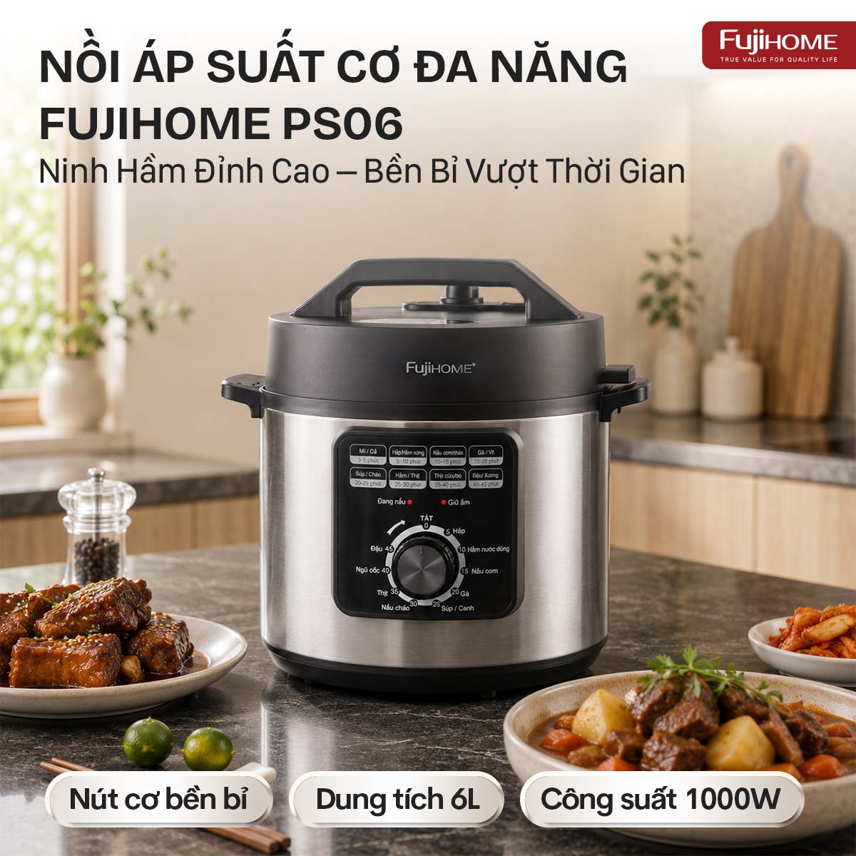 Fujihome PS06 - nồi áp suất điện 6L núm cơ, giá sỉ đại lý