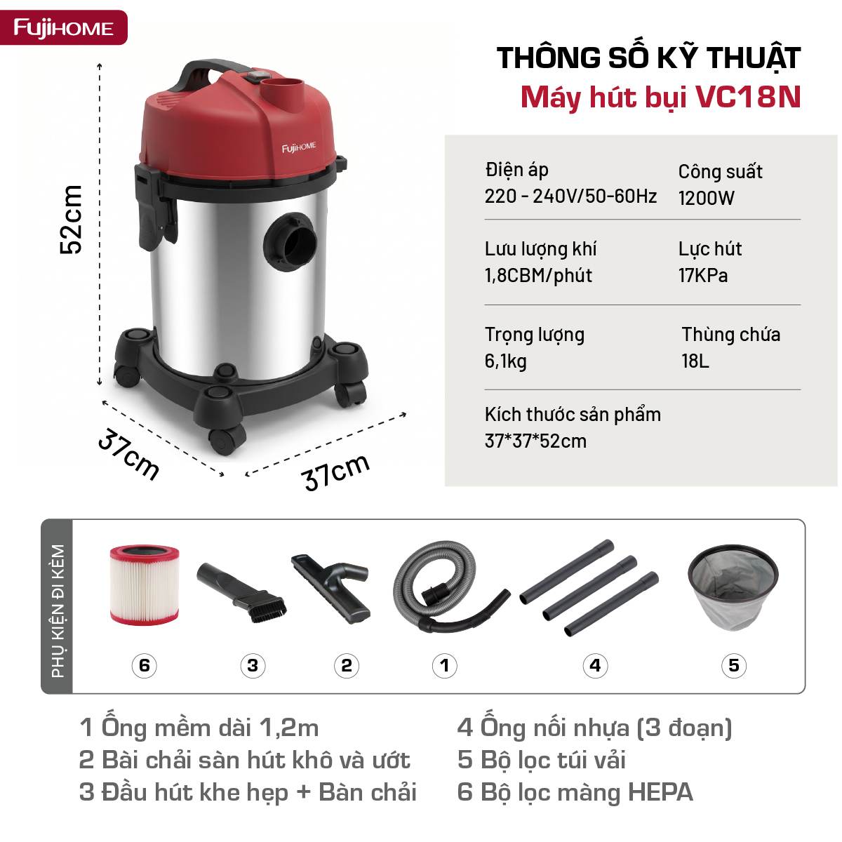 Máy hút bụi khô & ướt công suất lớn Fujihome VC18N