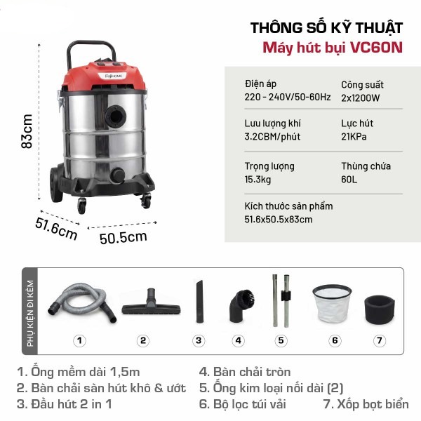 Máy hút bụi công nghiệp khô & ướt công suất kép, hiệu suất vượt trội Fujihome VC60N