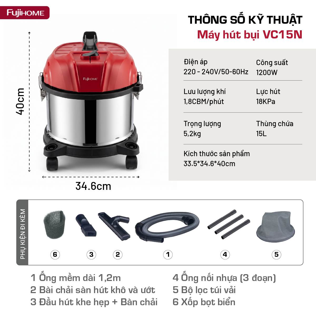 Máy hút bụi khô & ướt nhỏ gọn, mạnh mẽ cho mọi nhu cầu làm sạch Fujihome VC15N