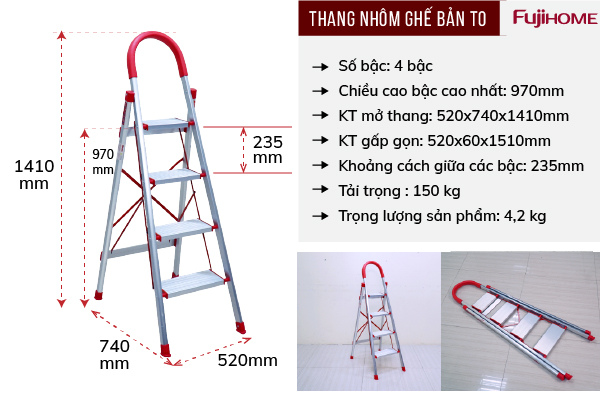 Thang Nhôm Ghế Bản To 4 Bậc FUJIHOME SL-304
