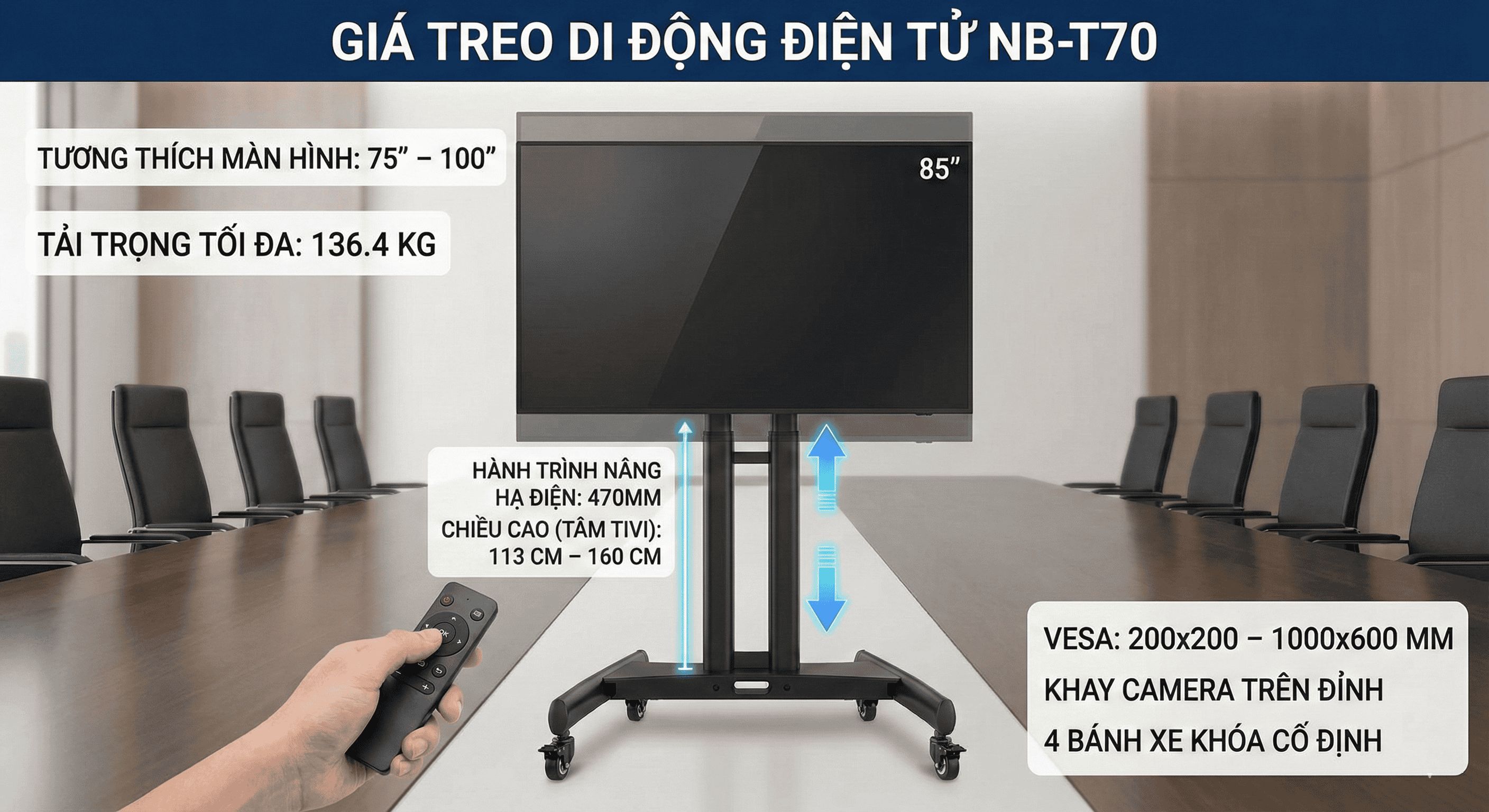 Giá Treo Tivi Di Động Điện Tử NB-T70 (75 - 100 Inch) - Nâng Hạ Bằng Điều Khiển