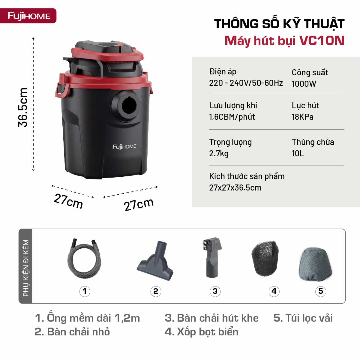Máy Hút Bụi Khô & Ướt Fujihome VC10N