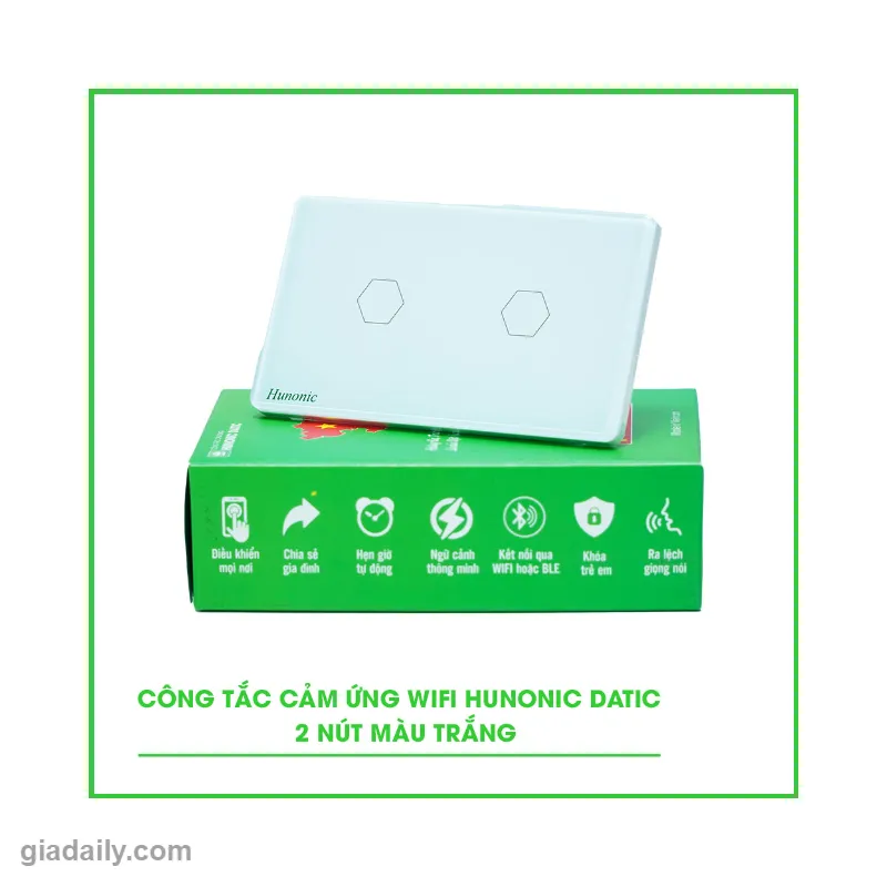 Công tắc cảm ứng WiFi Hunonic Datic 2 nút (mặt kính cường lực) - Giá Đại Lý