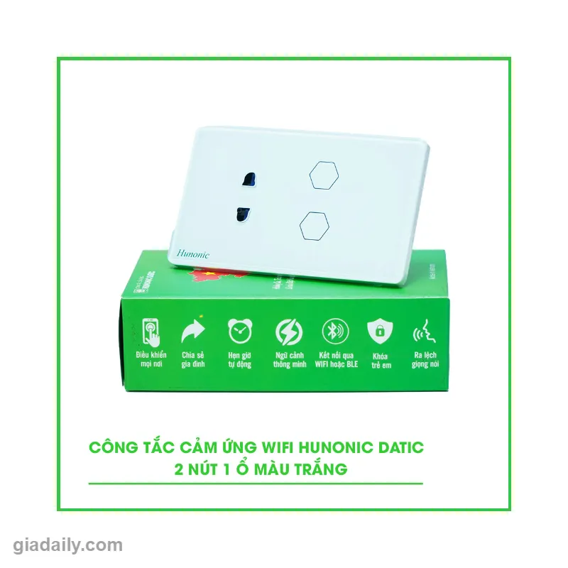 Công tắc cảm ứng WiFi Hunonic Datic 2in1 - 2 nút 1 ổ cắm - Giá Đại Lý